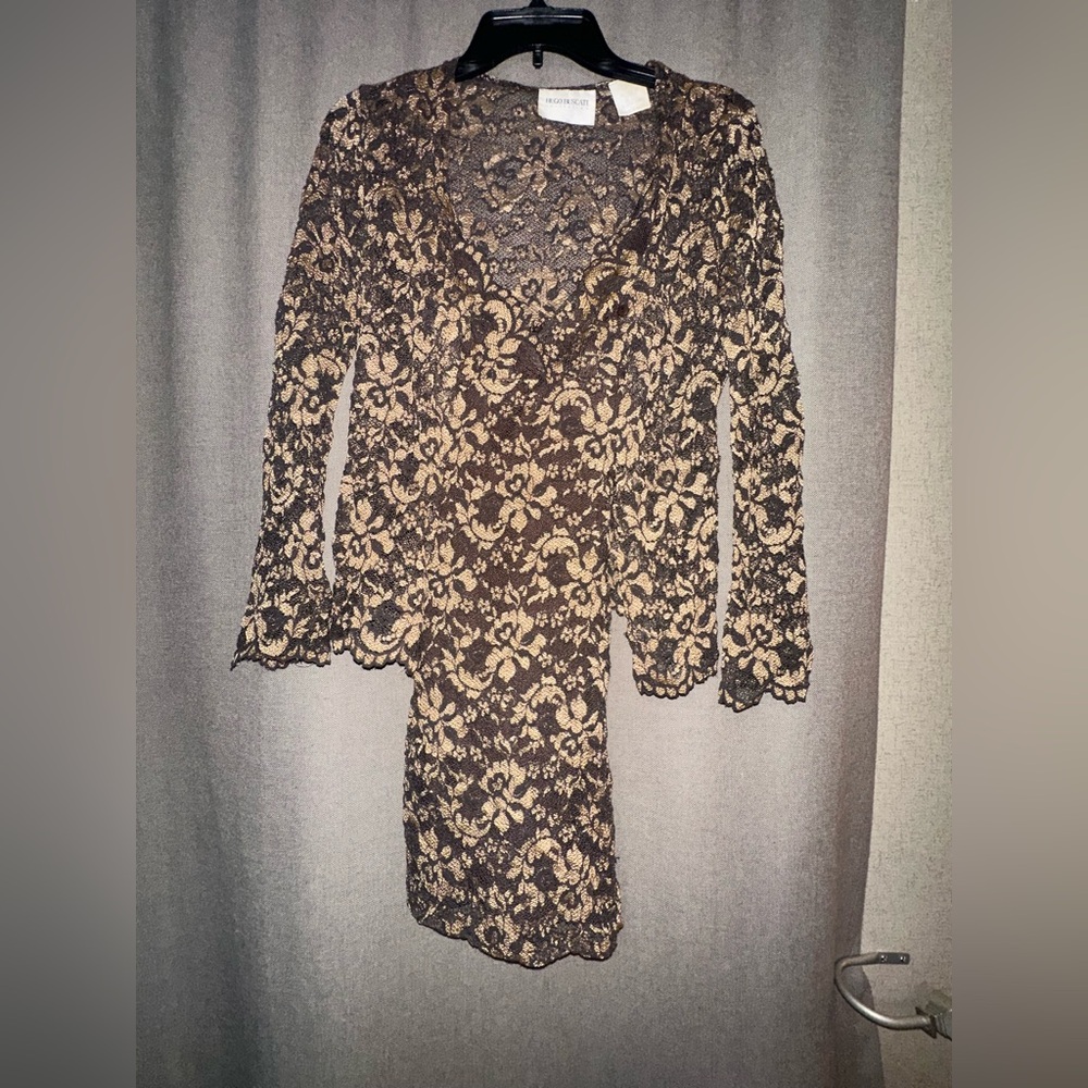 HUGO BUSCATI Brown & Gold Lace Dress w/ Matching Jacket